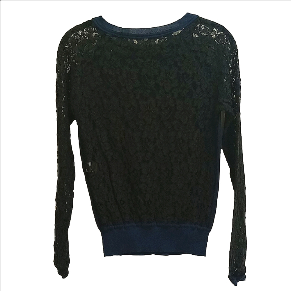 🆕 DIANE VON FURSTENBERG NAVY LONG SLEEVE SWEATER WITH BLACK LACE SLEEVES - Picture 6 of 13